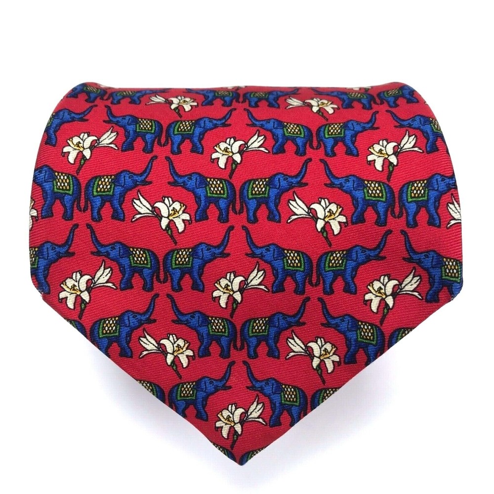 Brooks Brothers Makers All Silk Men's Tie  Red Blue Elephant Floral Necktie